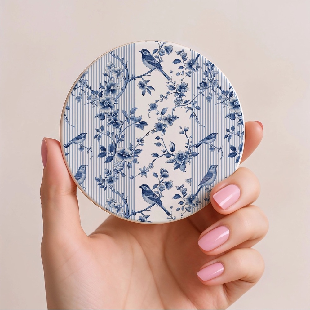 Chinoiserie Coasters, Blue & White Bird Floral Coaster Kitchen Set of 2